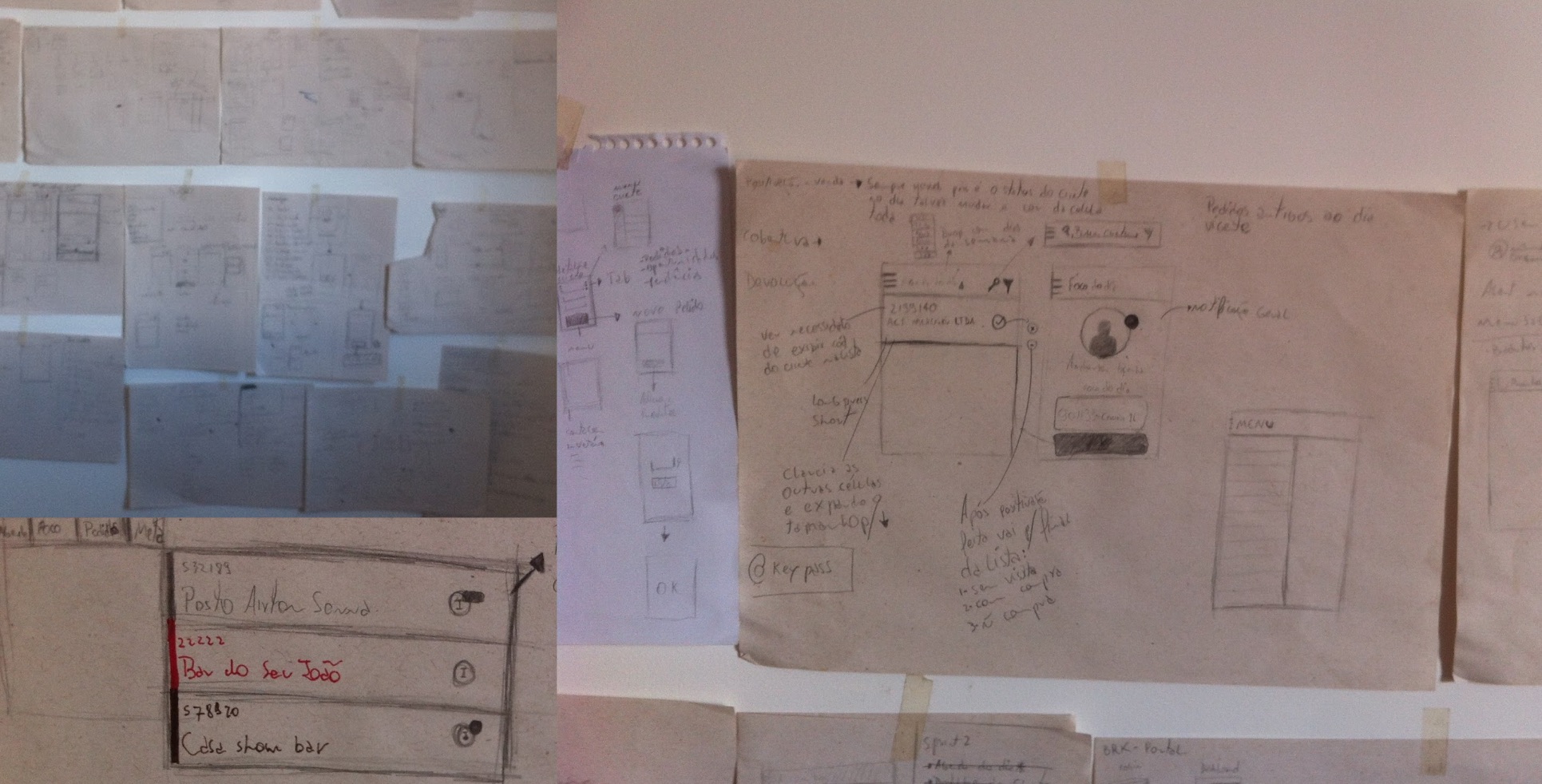Sketches e wireframes de baixa fidelidade na parede