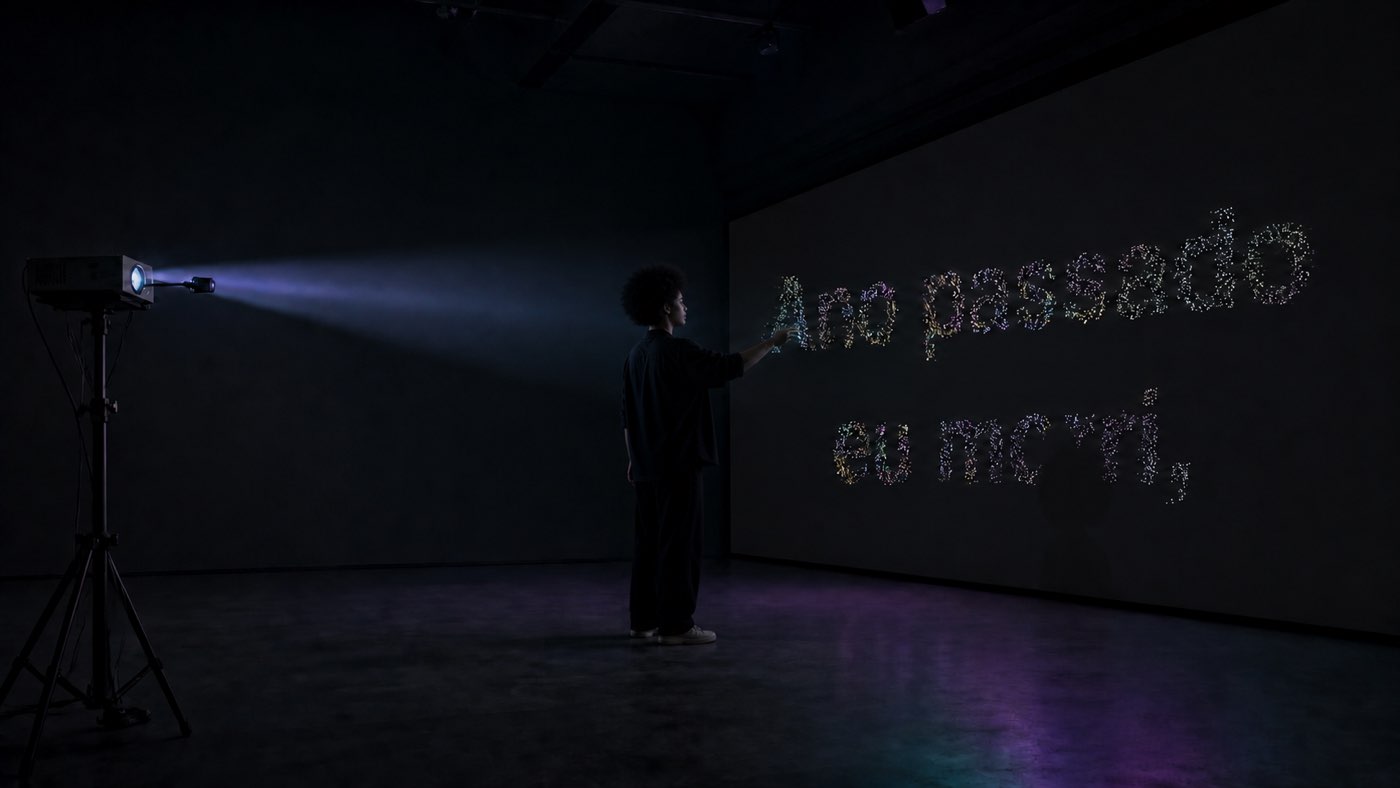 Pessoa diante de um verso revelado por partículas projetadas