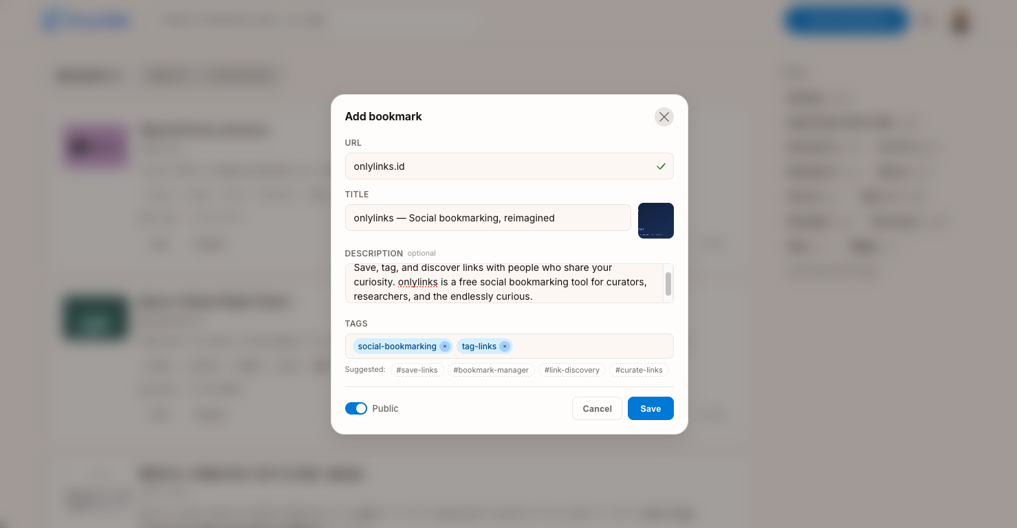 Criação de bookmark no OnlyLinks para desktop