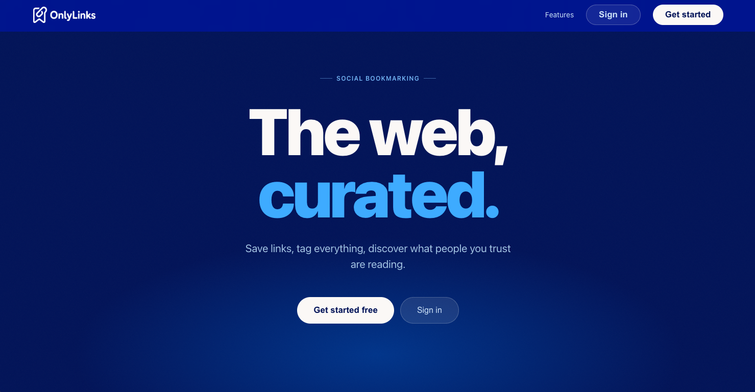 Página inicial do OnlyLinks com a mensagem The web, curated