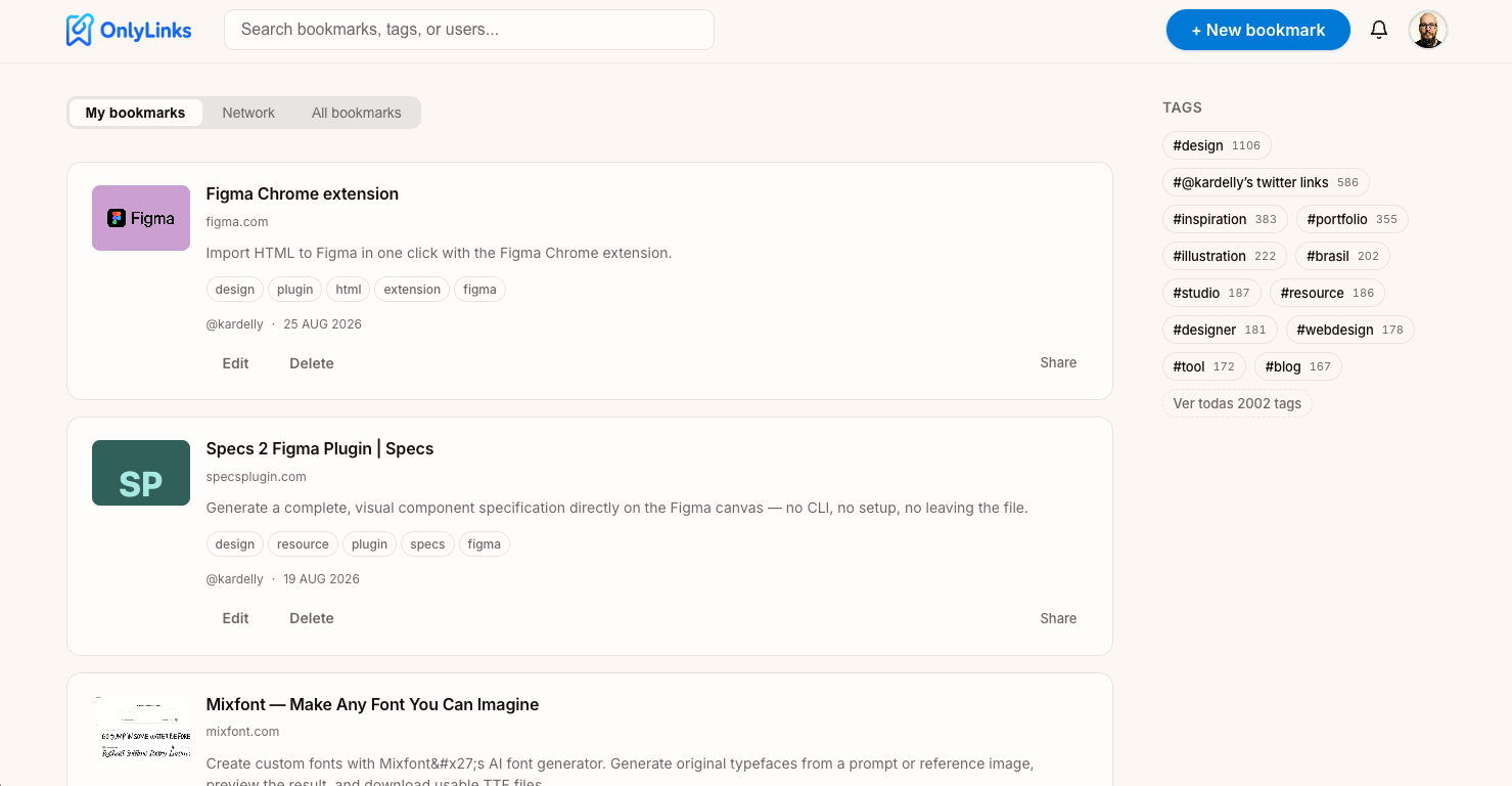 Interface do OnlyLinks mostrando busca rápida, tags e organização de links