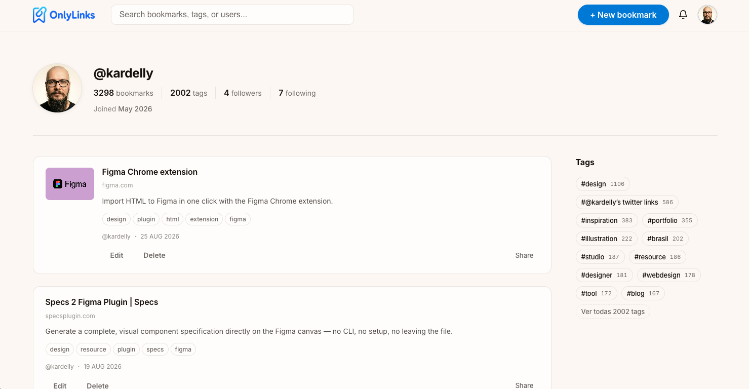 Perfil e coleção de bookmarks no OnlyLinks para desktop