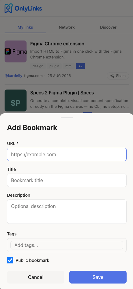 Criação de bookmark na PWA do OnlyLinks